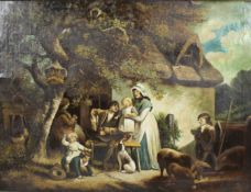 Early 19th c. Country Genre Scene Oil on Canvas