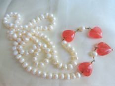 Cultured Pearl & Peach Jade Necklace 44 inches Long