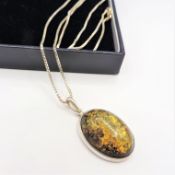 Sterling Silver Baltic Green Amber Pendant Necklace