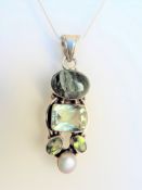 Artisan Sterling Silver Multi Gemstone Pendant Necklace.