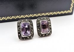 Sterling Silver 3ct Amethyst & Marcasite Earrings New with Gift Pouch