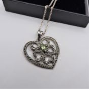 Sterling Silver Peridot & Marcasite Pendant Necklace with Gift Pouch