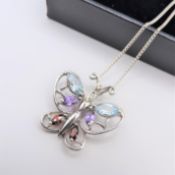 Sterling Silver Multi Colour Gemstone & Diamond Butterfly Pendant Necklace with Gift Box