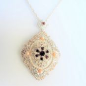 Sterling Silver Rococo Style Garnet & Pearl Pendant Necklace New with Gift Box