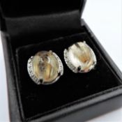 Sterling Silver Cabochon Golden Rutilated Quartz & Diamond Earrings New with Gift Box