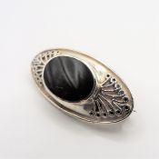Antique Sterling Silver Polished Jet Brooch