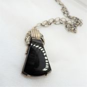 Art Deco Sterling Silver Jet & Marcasite Pendant Necklace