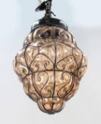 Mid 20th c. Handblown Seguso Murano Amber Glass Caged Pendant Light