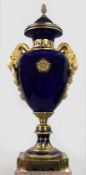 Pair of Fine Sevres Style Cobalt Blue Rams Head Lidded Urns