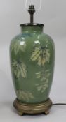 Pair of Oriental Green Glazed Flroal Table Lamps with Brass Fittings