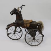 Early 20th c. Carved Wooden Horse on Tricycle