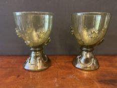 Pair of Green Glass Wine Goblets with Applied Prunts