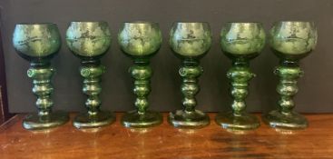 Set of Six Green Glass Roemers