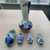 Delft blue and white vase hand painted and 4 clogs