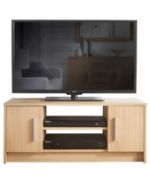 (75/5H) RRP £80. Norton TV Unit Oak Effect. 2 Open Shelves And 2 Cupboards For Storage. Dimension...