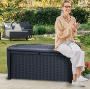(64/P) RRP £199. Keter Borneo Rattan Storage Box Grey. 416L Capacity. Made Of Durable Fade Free,...