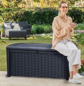 (13/P) RRP £199. Keter Borneo Rattan Storage Box Grey. 416L Capacity. Made Of Durable Fade Free,...