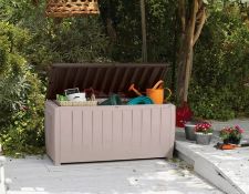 (62/P) RRP £90. Keter Novel Deck Box Beige/Brown. 340L Storage Capacity. Combines An Attractive,...