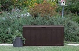 (65/5H) Lot RRP £135. 3x Keter Sherwood Garden Storage Box. 270L Capacity. Decorative Wood Panel...