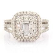 Certificated 14K White Gold Baguette Diamond & Diamond Ring (Total 0.91 ct Stone)