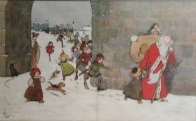 Arrival Father Christmas Rare Large 1900 Cecil Aldrin Antique Print.