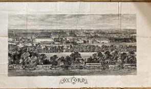 Rare Large Birds Eye Panoramic View of Oxford Antique 1870 Woodgrain Print.
