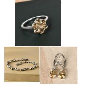 New! Citrine Floral Cluster Ring, Earrings & Bracelet in Sterling Silver