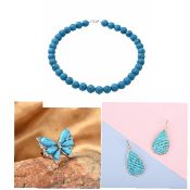 New! Blue Howlite Beads Necklace, Earrings & Butterfly Ring Sterling Silver