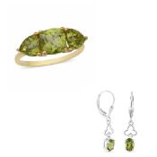 New! Natural Hebei Peridot 3 Stone Ring & Hebei Peridot Earrings