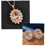 New! Simulated Champagne & White Diamond Halo Pendant & Matching Earrings