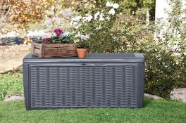 (228/Mez/P11) RRP £140. Keter Sumatra Rattan Effect Outdoor Garden Storage Box Anthracite. 511L C...