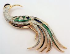 Large Vintage Enamel & Crystal Bird of Paradise Brooch 11cm High