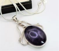 Large Vintage Artisan Sterling Silver Cabochon Amethyst Pendant Necklace