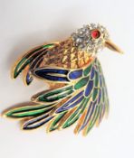 Vintage Large Gold Plate Enamel Crystal Humming Bird
