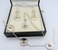 14k Gold & Sterling Silver Sunflower Necklace Bracelet & Earrings Set New with Gift Box
