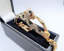 Vintage Gold Plated Enamel Crystal Panther Bracelet Bangle