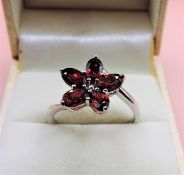 Sterling Silver Garnet Flower Cluster Ring New with Gift Pouch