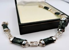 Vintage 925 Sterling Silver Green Jade Panel Bracelet