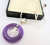 925 Sterling Silver Chinese Character in Circle Purple Jade Pendant Necklace