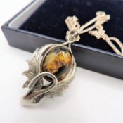 Vintage Artisan Sterling Silver Amber Pendant in Swan Shaped Setting