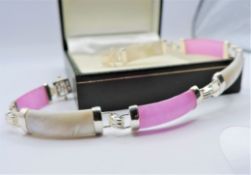 Vintage 925 Silver Pink Jade & Mother of Pearl Chinese Bracelet c. 1970's