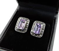 Sterling Silver 3ct Amethyst & Marcasite Earrings New with Gift Pouch