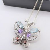 Sterling Silver Multi Colour Gemstone & Diamond Butterfly Pendant Necklace with Gift Box