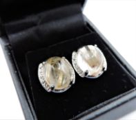 Sterling Silver Cabochon Golden Rutilated Quartz & Diamond Earrings New with Gift Box