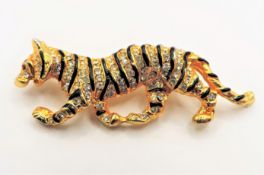 Vintage HATTIE CARNEGIE 18kt Gold Plated Enamel Crystal Tiger Brooch