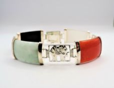 Vintage Sterling Silver Multi Colour Jade Elephant Bracelet