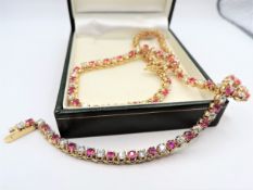 14k Gold on Sterling Silver 12ct Pink & White Tourmaline Tennis Collar Necklace New with Gift Box