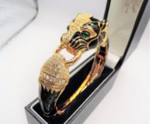Vintage Ciner 1980's Gold Plated Enamel Crystal Panther Hinged Cuff Bracelet