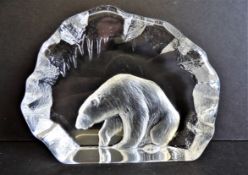 Rare Large Mats Jonasson Crystal Polar Bear in Ice Cave Sculpture 15cm Wide