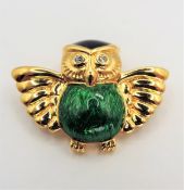 Vintage Gold Plated Enamel & Crystal Owl Brooch